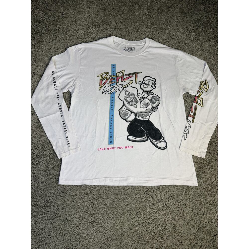 Popeye Shirt Mens XL White Beast Mode Graphic Long Sleeve Crew Neck Tagless
